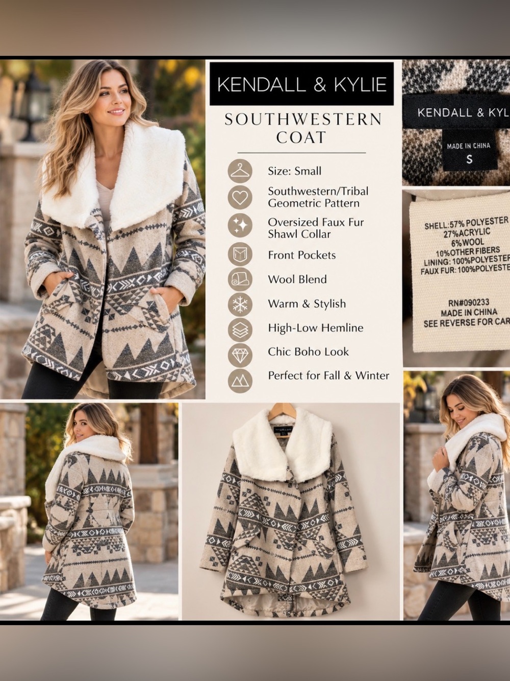 Kendall & Kylie Beige Aztec Pea Coat with White Faux Fur Collar size S